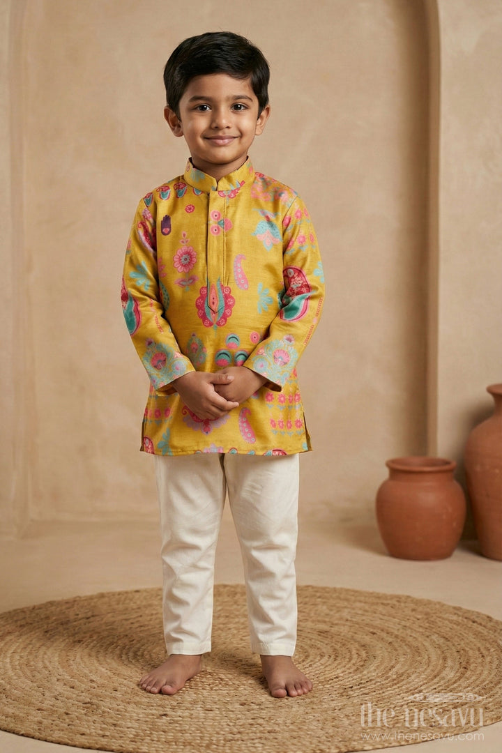 The Nesavu Boys Kurtha Set Ethnic Boys Kurta Set in Muslin Silk with Vibrant Traditional Prints Nesavu 14 (6M) / Yellow BES597B-14 Ethnic Kurta Set Boys Muslin Silk Mustard Yellow Traditional Outfit | The Nesavu
