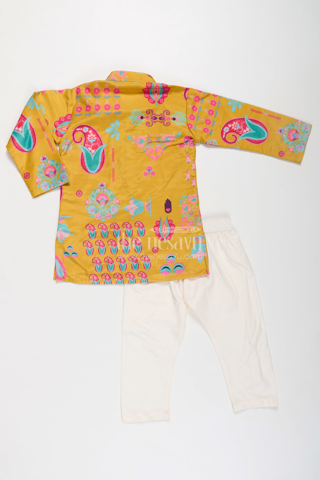 The Nesavu Boys Kurtha Set Ethnic Boys Kurta Set in Muslin Silk with Vibrant Traditional Prints Nesavu Ethnic Kurta Set Boys Muslin Silk Mustard Yellow Traditional Outfit | The Nesavu