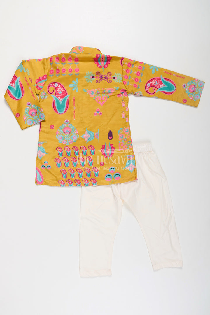 The Nesavu Boys Kurtha Set Ethnic Boys Kurta Set in Muslin Silk with Vibrant Traditional Prints Nesavu Ethnic Kurta Set Boys Muslin Silk Mustard Yellow Traditional Outfit | The Nesavu