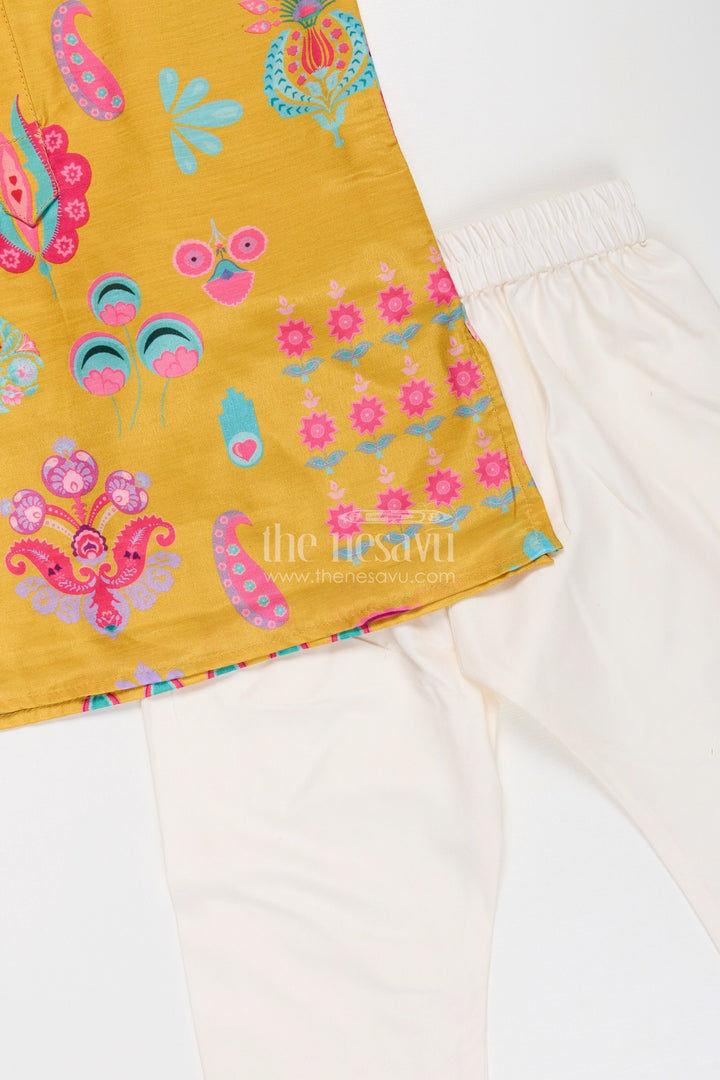 The Nesavu Boys Kurtha Set Ethnic Boys Kurta Set in Muslin Silk with Vibrant Traditional Prints Nesavu Ethnic Kurta Set Boys Muslin Silk Mustard Yellow Traditional Outfit | The Nesavu