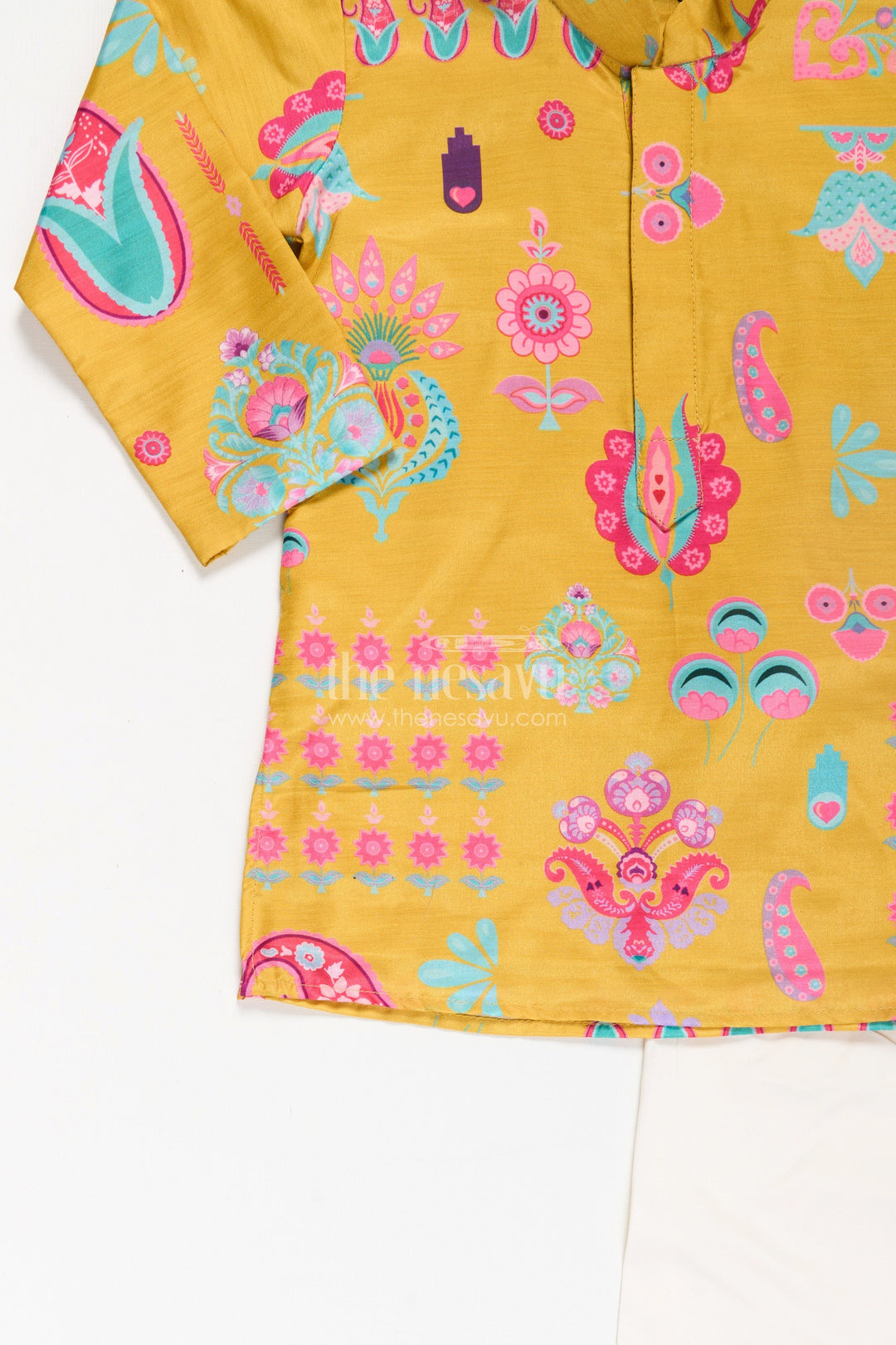 The Nesavu Boys Kurtha Set Ethnic Boys Kurta Set in Muslin Silk with Vibrant Traditional Prints Nesavu Ethnic Kurta Set Boys Muslin Silk Mustard Yellow Traditional Outfit | The Nesavu