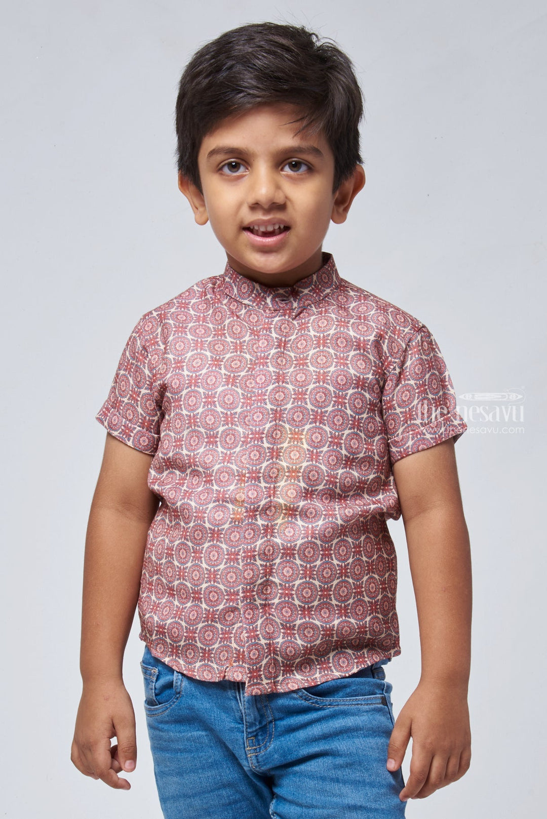 The Nesavu Boys Linen Shirt Ethnic Charm: Ajrakh Hand Block Print Boys' Shirt for Cultural Festivities Nesavu 14 (6M) / Brown / Linen BS066A-14 Ajrakh Hand Block Print Boys Shirt | Premium Boys Shirt | The Nesavu