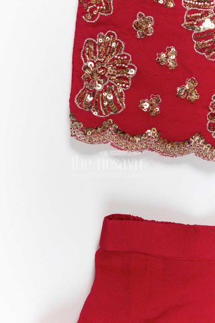 The Nesavu Girls Sharara / Plazo Set Ethnic Charm Girls Sharara Sets for Grand Occasions Nesavu Nesavu Girls Sharara Set For Weddings With Georgette Fabric And Designer Embroidery Yoke Red Outfit