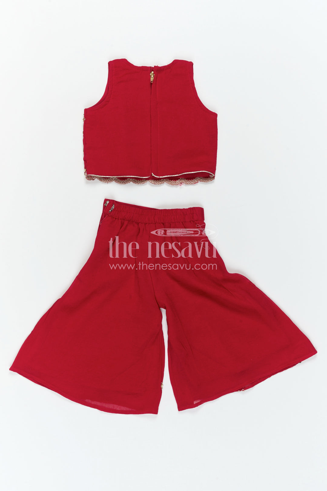 The Nesavu Girls Sharara / Plazo Set Ethnic Charm Girls Sharara Sets for Grand Occasions Nesavu Nesavu Girls Sharara Set For Weddings With Georgette Fabric And Designer Embroidery Yoke Red Outfit