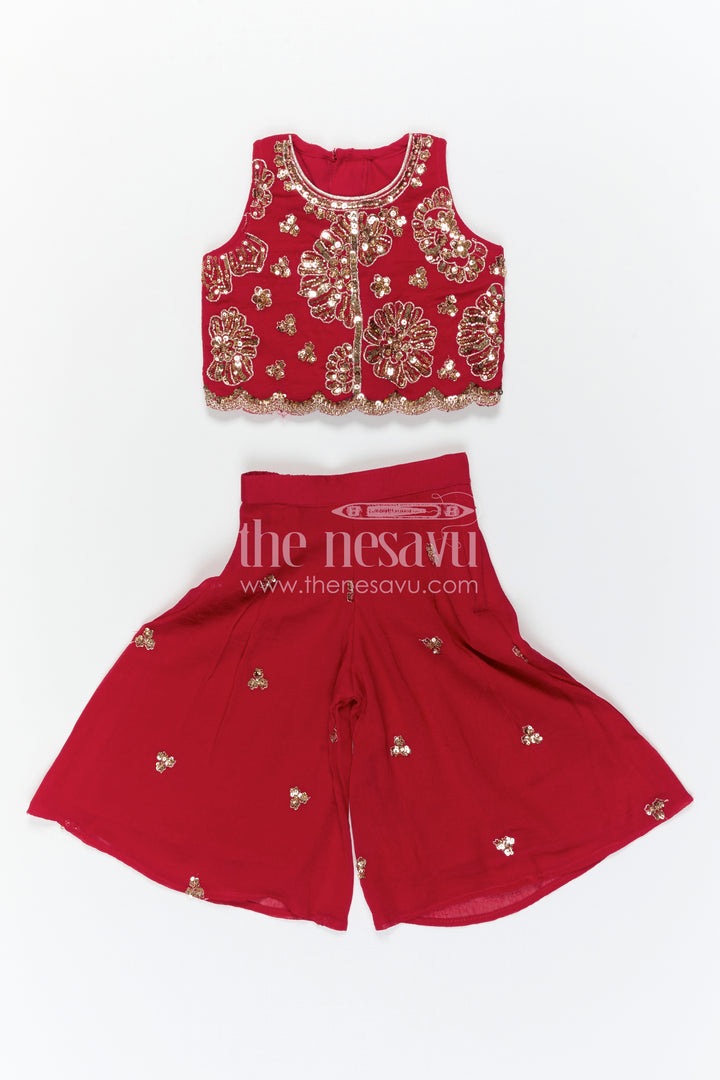 The Nesavu Girls Sharara / Plazo Set Ethnic Charm Girls Sharara Sets for Grand Occasions Nesavu Nesavu Girls Sharara Set For Weddings With Georgette Fabric And Designer Embroidery Yoke Red Outfit