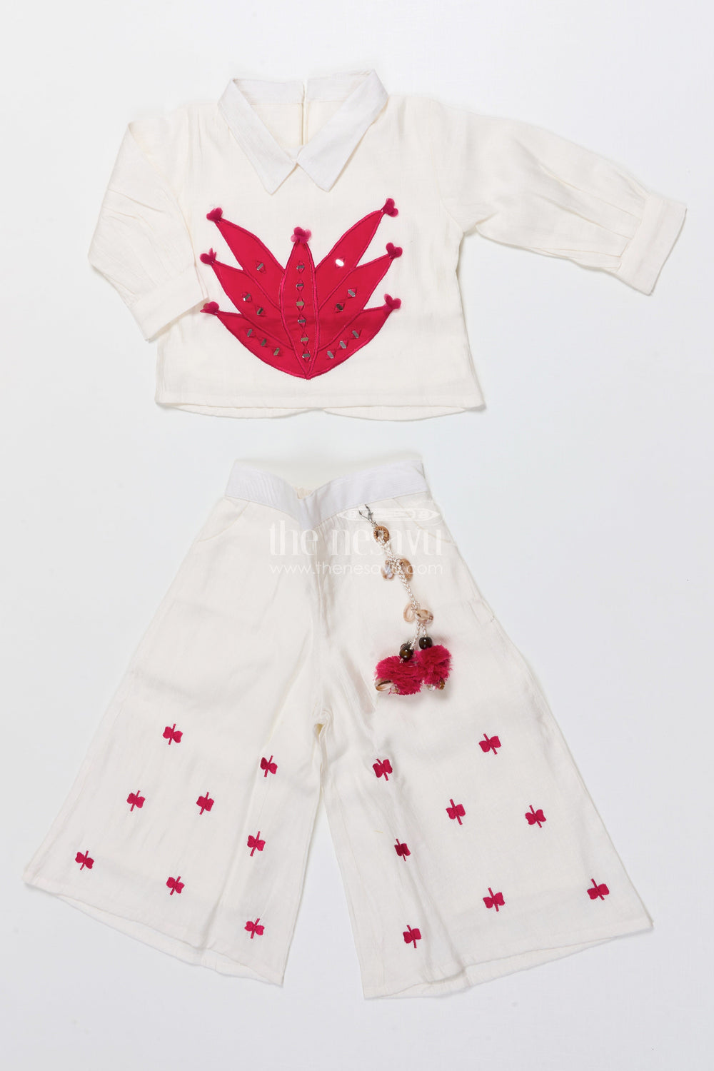 The Nesavu Girls Co-Ord Sets Ethnic Co-Ord Set for Girls with Embroidery and Festive Tassel Detail Nesavu 18 (2Y) / Pink GPS902C-18 Nesavu girls embroidered co-ord set viscose blend ideal ethnic school events festive occasions