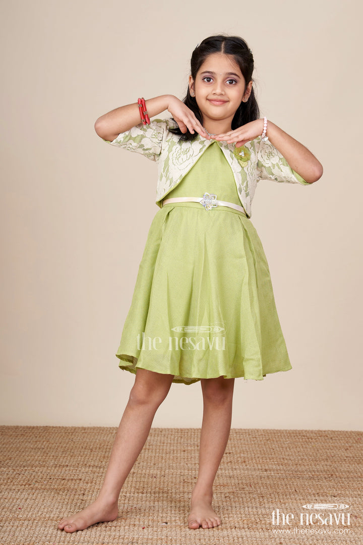The Nesavu Girls Cotton Frock Ethnic Cotton Frock with Jacket for Girls Attending Family Functions Nesavu 22 (4Y) / Green GFC1918B-22 Nesavu ethnic cotton frock embroidery jacket girls  ideal temple visits festive family events