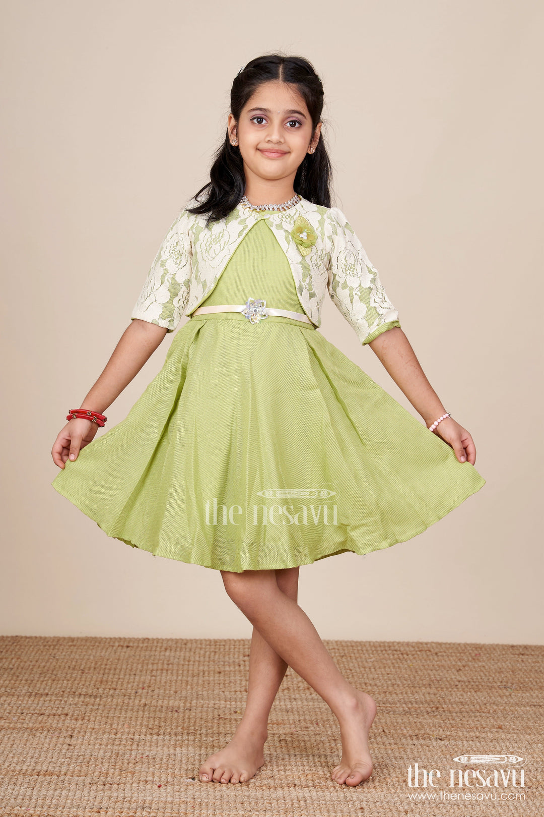 The Nesavu Girls Cotton Frock Ethnic Cotton Frock with Jacket for Girls Attending Family Functions Nesavu Nesavu ethnic cotton frock embroidery jacket girls  ideal temple visits festive family events