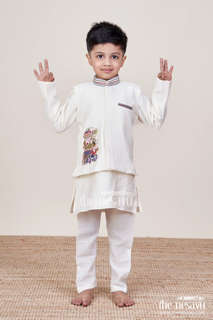 The Nesavu Boys Jacket Sets Ethnic Cotton Jacket Kurta Set for Toddler Boys for Traditional Functions Nesavu 18 (2Y) / White BES742A-18 Nesavu ethnic cotton kurta jacket set toddler boys festive family occasions