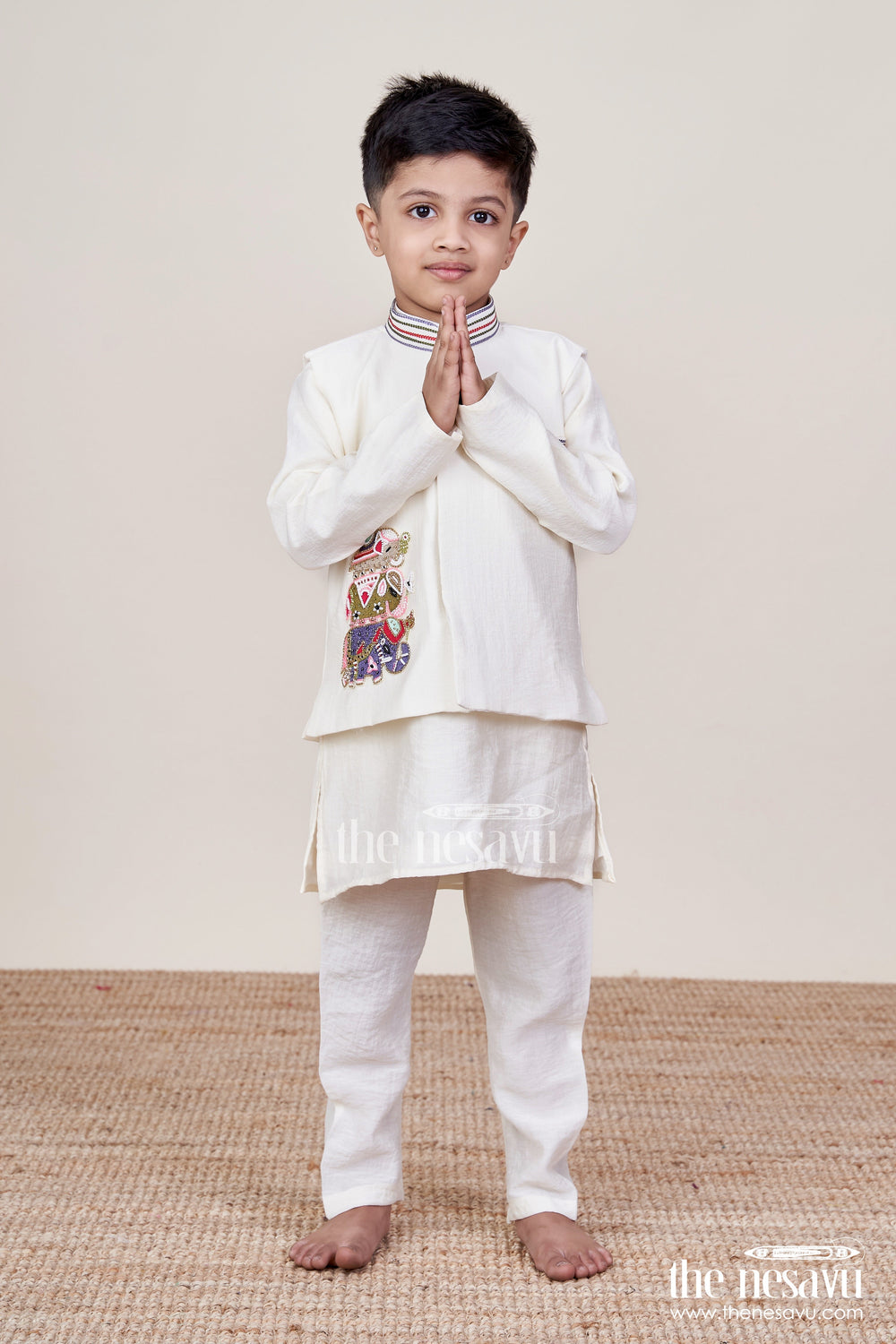The Nesavu Boys Jacket Sets Ethnic Cotton Jacket Kurta Set for Toddler Boys for Traditional Functions Nesavu Nesavu ethnic cotton kurta jacket set toddler boys festive family occasions
