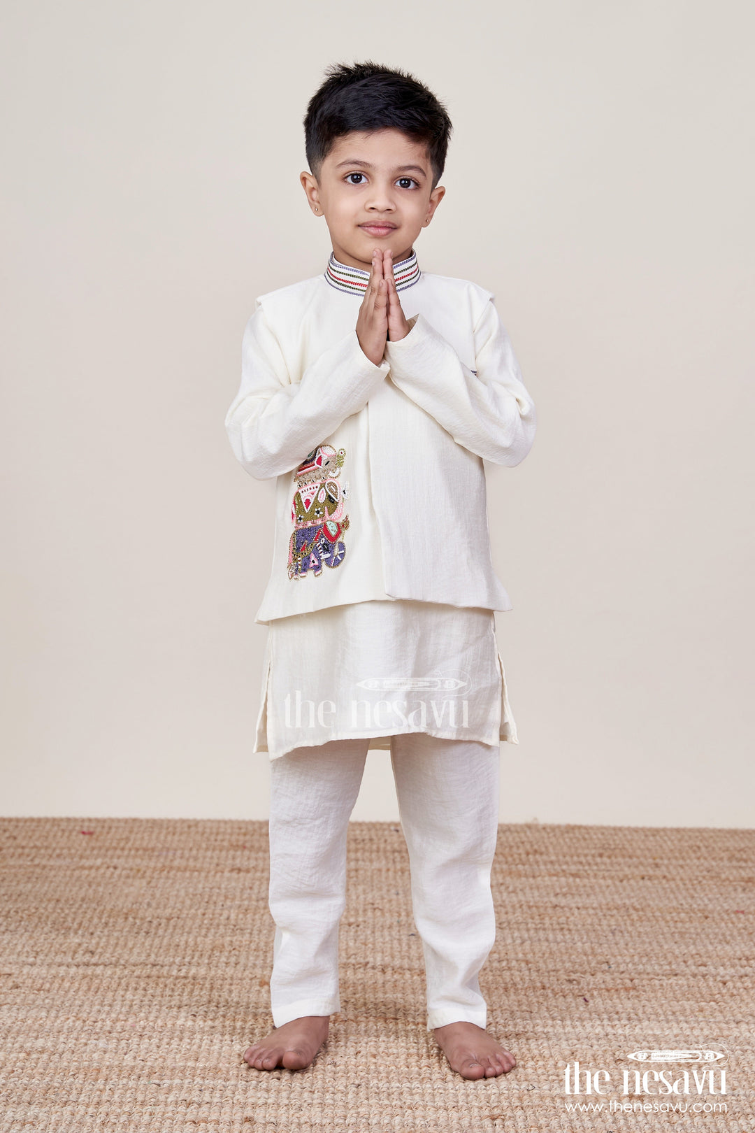 The Nesavu Boys Jacket Sets Ethnic Cotton Jacket Kurta Set for Toddler Boys for Traditional Functions Nesavu Nesavu ethnic cotton kurta jacket set toddler boys festive family occasions