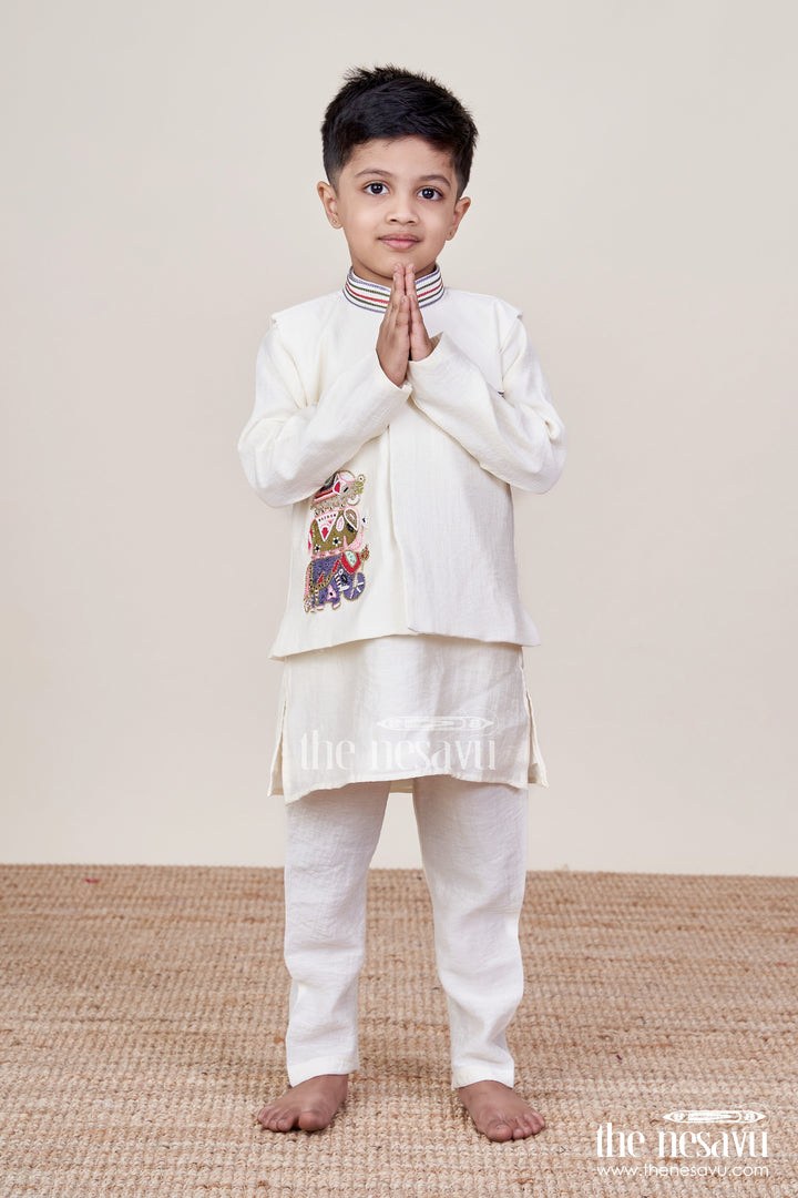 The Nesavu Boys Jacket Sets Ethnic Cotton Jacket Kurta Set for Toddler Boys for Traditional Functions Nesavu Nesavu ethnic cotton kurta jacket set toddler boys festive family occasions