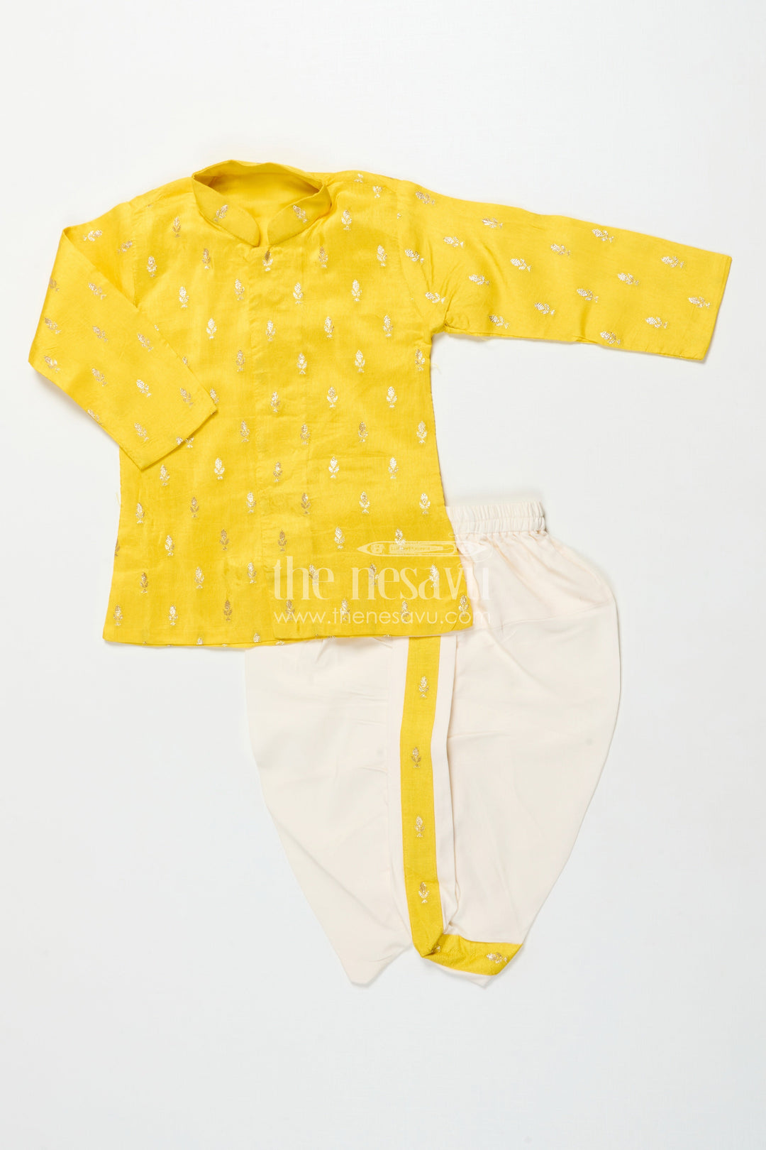 The Nesavu Boys Dothi Set Ethnic Dhoti Kurta Set for Toddler Boys Cultural and Festive Days Nesavu 14 (6M) / Yellow BES775B-14 Nesavu toddler boys dhoti kurta set silk blend embroidery festivals cultural events