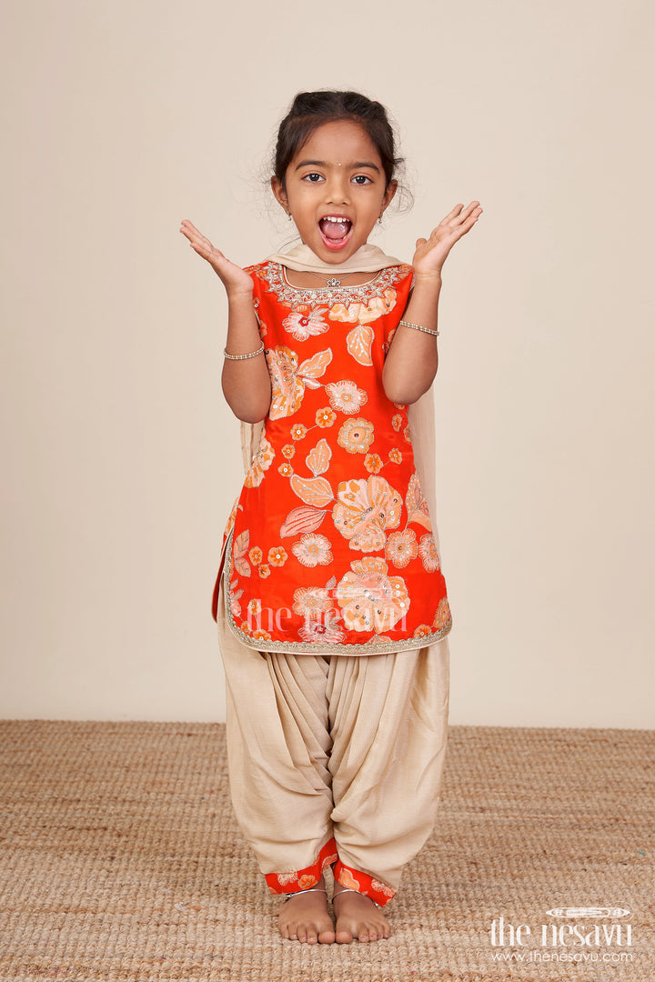The Nesavu Girls Sharara / Plazo Set Ethnic Dhoti Set with Floral Embroidered Kurta Traditional Wear for Girls Nesavu 18 (2Y) / Orange GPS683B-18 Traditional dhoti kurta set girls  embroidered ethnic wear ceremonies