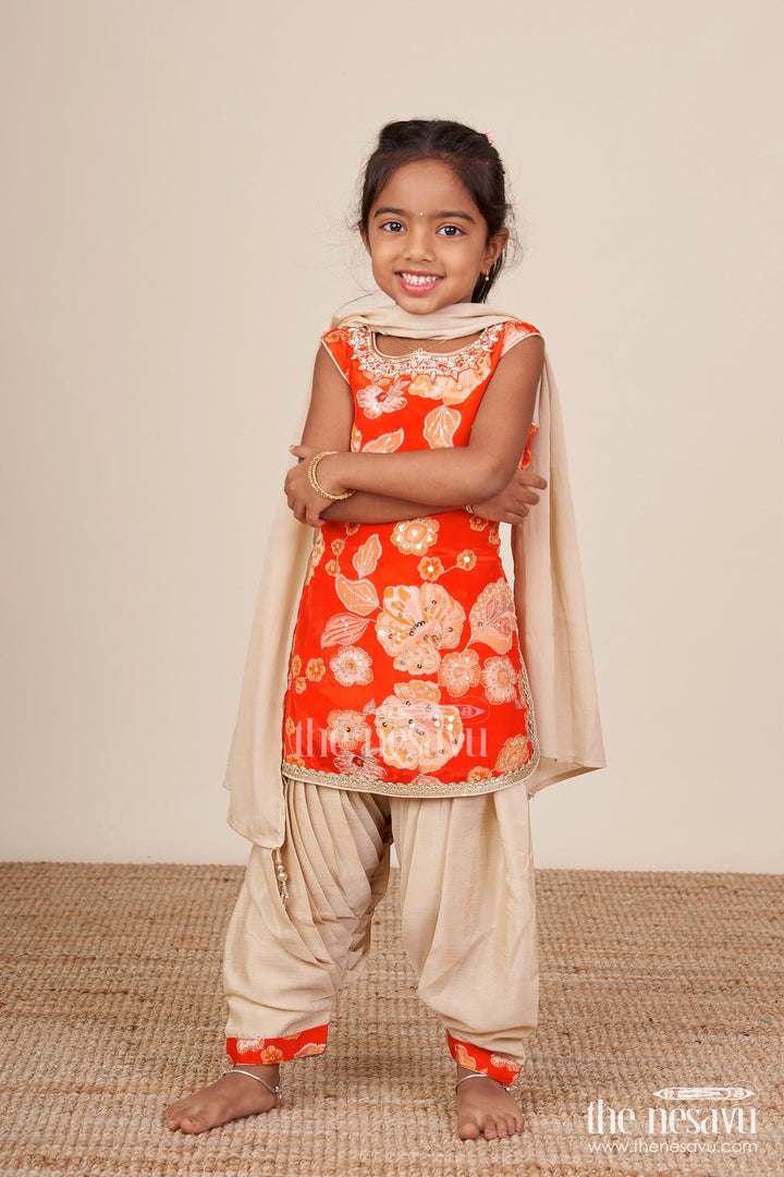 The Nesavu Girls Sharara / Plazo Set Ethnic Dhoti Set with Floral Embroidered Kurta Traditional Wear for Girls Nesavu Traditional dhoti kurta set girls  embroidered ethnic wear ceremonies