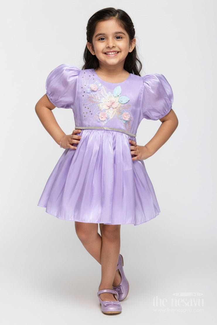 The Nesavu Baby Fancy Frock Ethnic Dress for Baby Girls for Birthdays Or Receptions Nesavu 14 (6M) / Purple BFJ836B-14 Nesavu Purple Ethnic Satin Organza Birthday Dress Baby Girls Floral Embroidery Puffy Sleeves