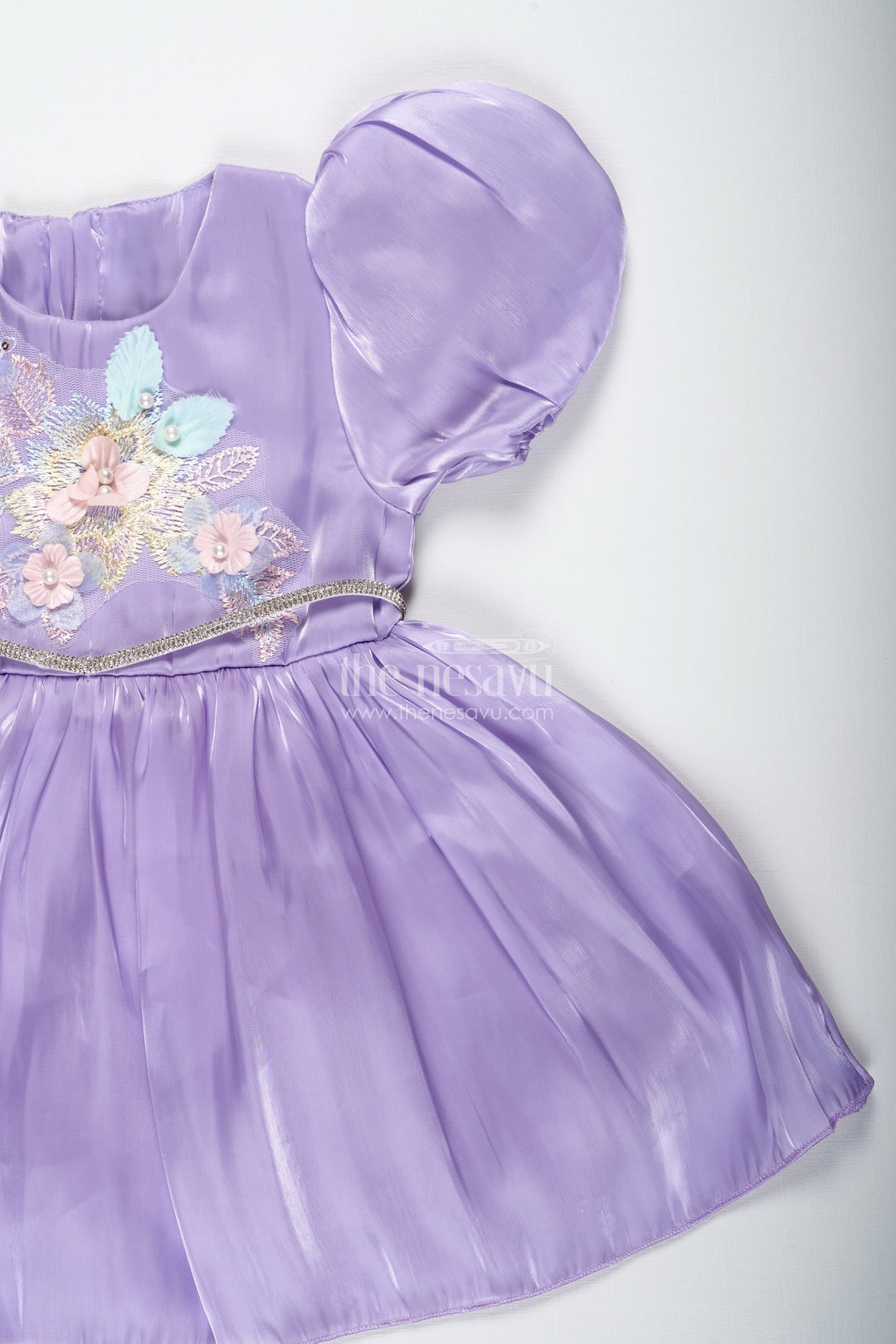 The Nesavu Baby Fancy Frock Ethnic Dress for Baby Girls for Birthdays Or Receptions Nesavu Nesavu Purple Ethnic Satin Organza Birthday Dress Baby Girls Floral Embroidery Puffy Sleeves