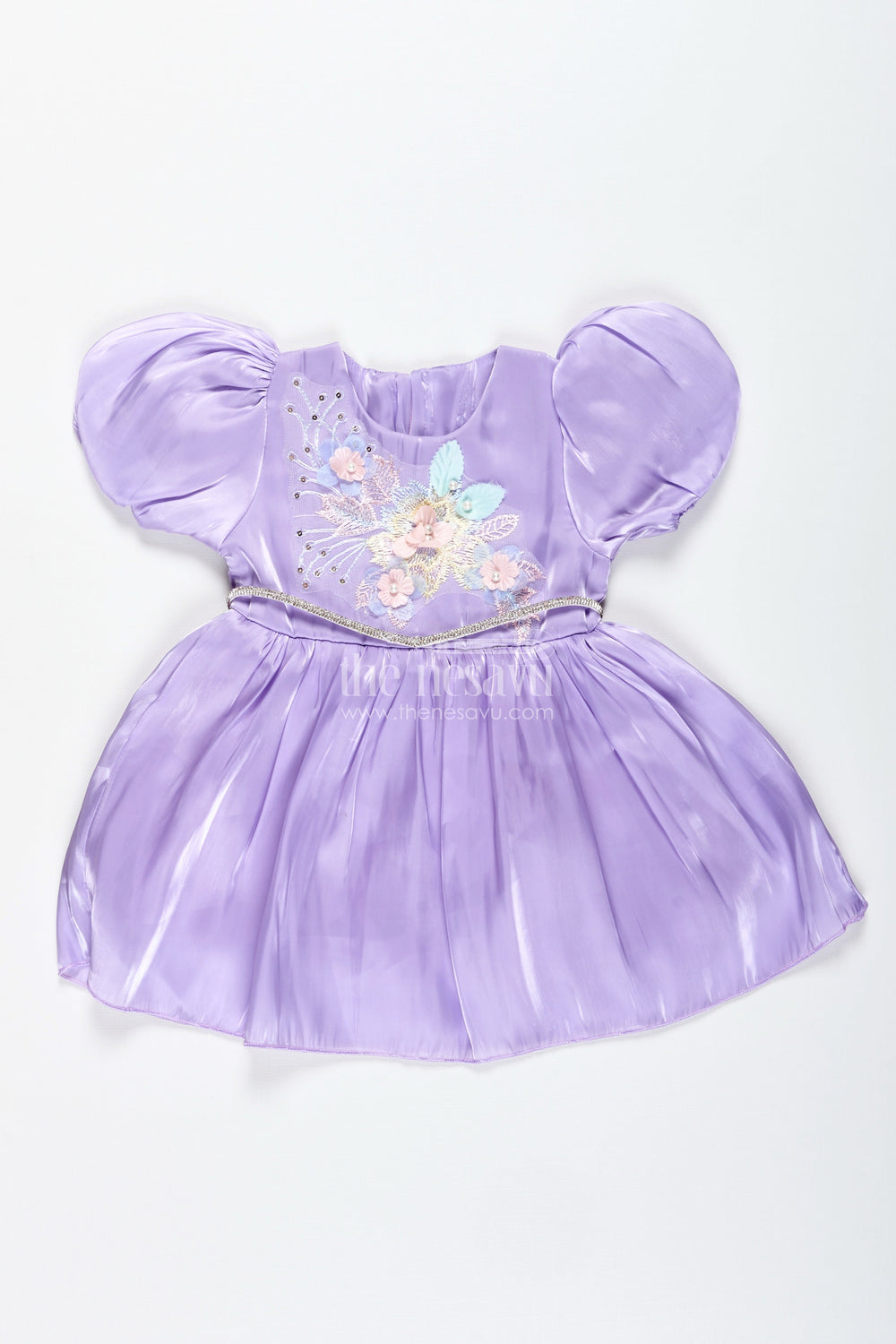 The Nesavu Baby Fancy Frock Ethnic Dress for Baby Girls for Birthdays Or Receptions Nesavu Nesavu Purple Ethnic Satin Organza Birthday Dress Baby Girls Floral Embroidery Puffy Sleeves