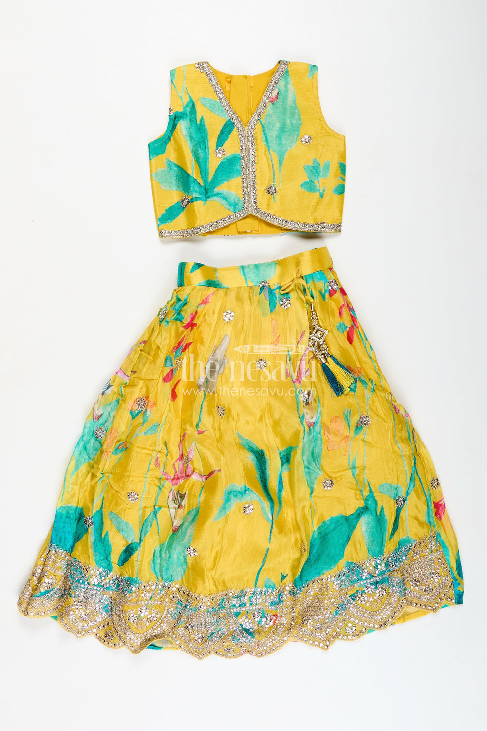 The Nesavu Girls Lehenga Choli Ethnic Festival Set for Girls Traditional Mirror Work Outfit Nesavu 16 (1Y) / Yellow GL738A-16 Nesavu Girls Yellow Ethnic Muslin Silk Lehenga Set Floral Print Mirror Border Festive Events