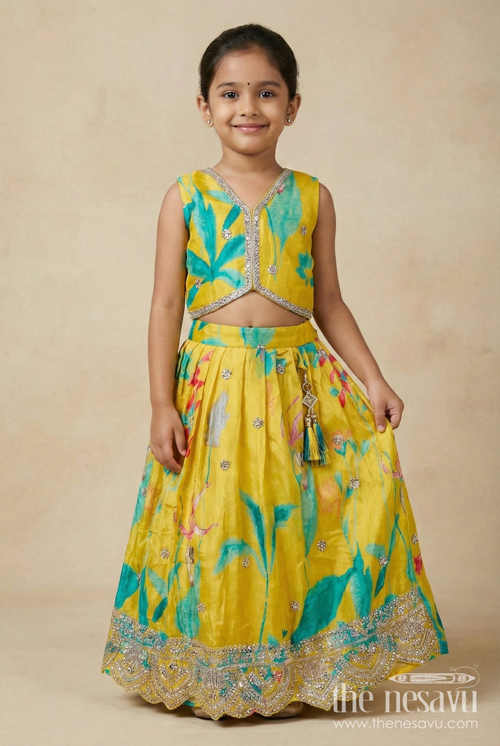 The Nesavu Girls Lehenga Choli Ethnic Festival Set for Girls Traditional Mirror Work Outfit Nesavu 16 (1Y) / Yellow GL738A-16 Nesavu Girls Yellow Ethnic Muslin Silk Lehenga Set Floral Print Mirror Border Festive Events
