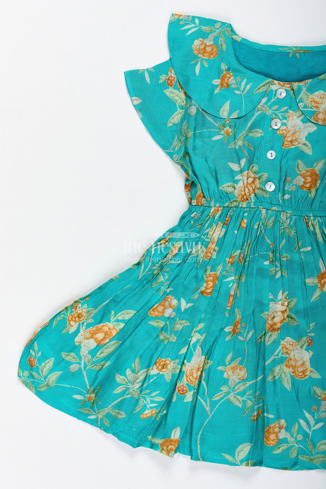 The Nesavu Girls Cotton Frock Ethnic Floral Print Dress for Toddler Girls Nesavu Nesavu Cotton Ethnic Toddler Dress Traditional Floral Motifs Comfortable Green Fabric