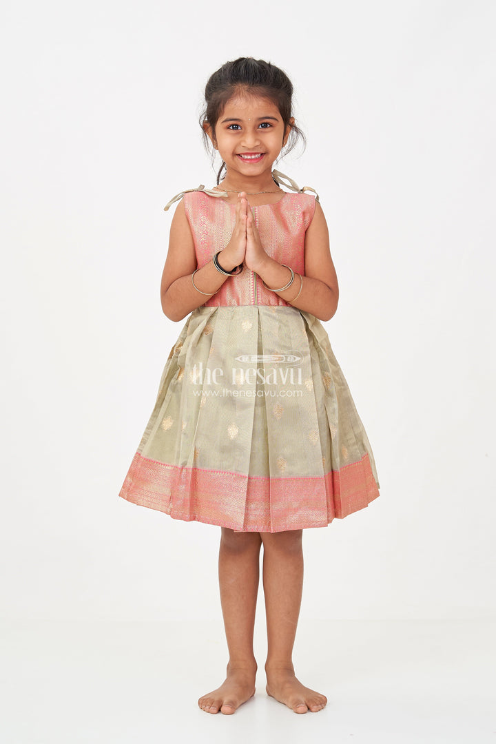 The Nesavu Silk Frock Ethnic Frock for Baby Girls in Banarasi Jacquard Gold Tissue Silk with Traditional Pleated Design Nesavu 16 (1Y) / Green SF981C-16 Ethnic Frock for Baby Girls in Banarasi Jacquard Tissue Silk with Gold Zari Pleated Design | The Nesavu