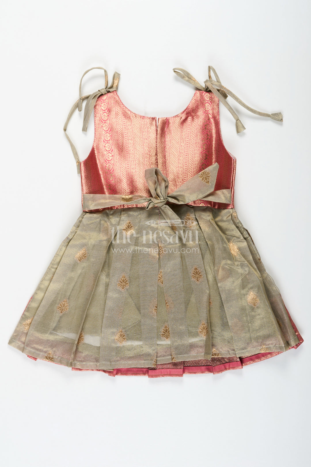 The Nesavu Silk Frock Ethnic Frock for Baby Girls in Banarasi Jacquard Gold Tissue Silk with Traditional Pleated Design Nesavu Ethnic Frock for Baby Girls in Banarasi Jacquard Tissue Silk with Gold Zari Pleated Design | The Nesavu