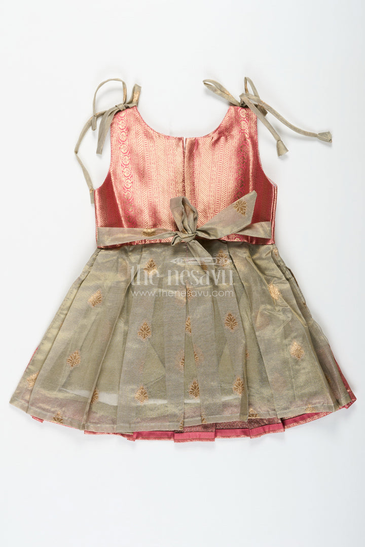 The Nesavu Silk Frock Ethnic Frock for Baby Girls in Banarasi Jacquard Gold Tissue Silk with Traditional Pleated Design Nesavu Ethnic Frock for Baby Girls in Banarasi Jacquard Tissue Silk with Gold Zari Pleated Design | The Nesavu