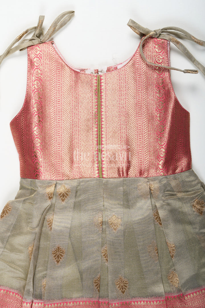 The Nesavu Silk Frock Ethnic Frock for Baby Girls in Banarasi Jacquard Gold Tissue Silk with Traditional Pleated Design Nesavu Ethnic Frock for Baby Girls in Banarasi Jacquard Tissue Silk with Gold Zari Pleated Design | The Nesavu