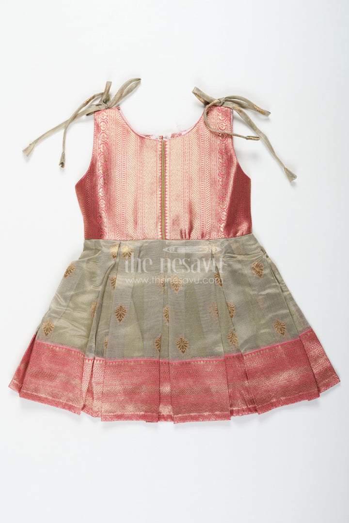 The Nesavu Silk Frock Ethnic Frock for Baby Girls in Banarasi Jacquard Gold Tissue Silk with Traditional Pleated Design Nesavu Ethnic Frock for Baby Girls in Banarasi Jacquard Tissue Silk with Gold Zari Pleated Design | The Nesavu