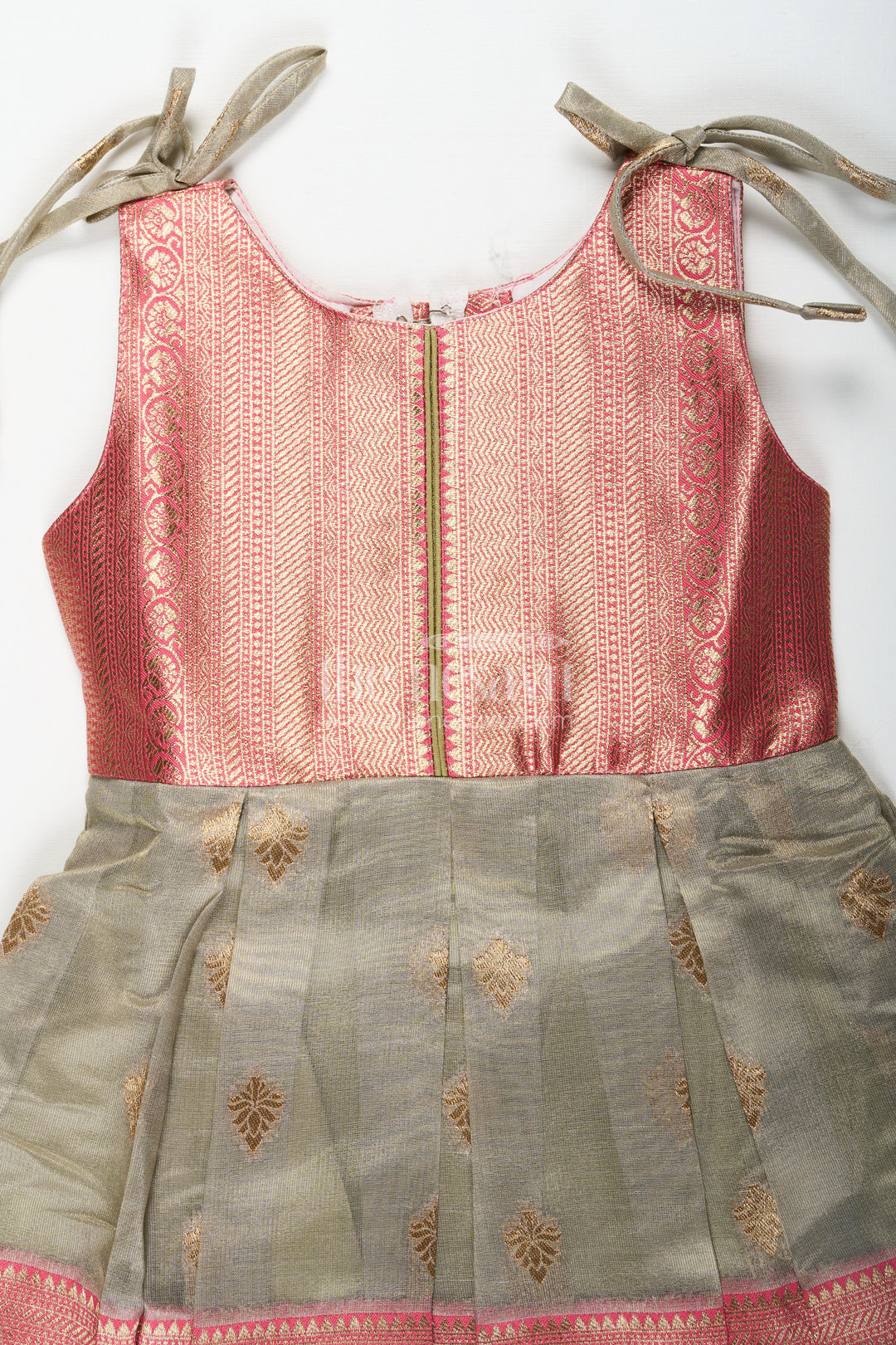 The Nesavu Silk Frock Ethnic Frock for Baby Girls in Banarasi Jacquard Gold Tissue Silk with Traditional Pleated Design Nesavu Nesavu Ethnic Frock for Baby Girls in Banarasi Jacquard Tissue Silk with Gold Zari Pleated Design