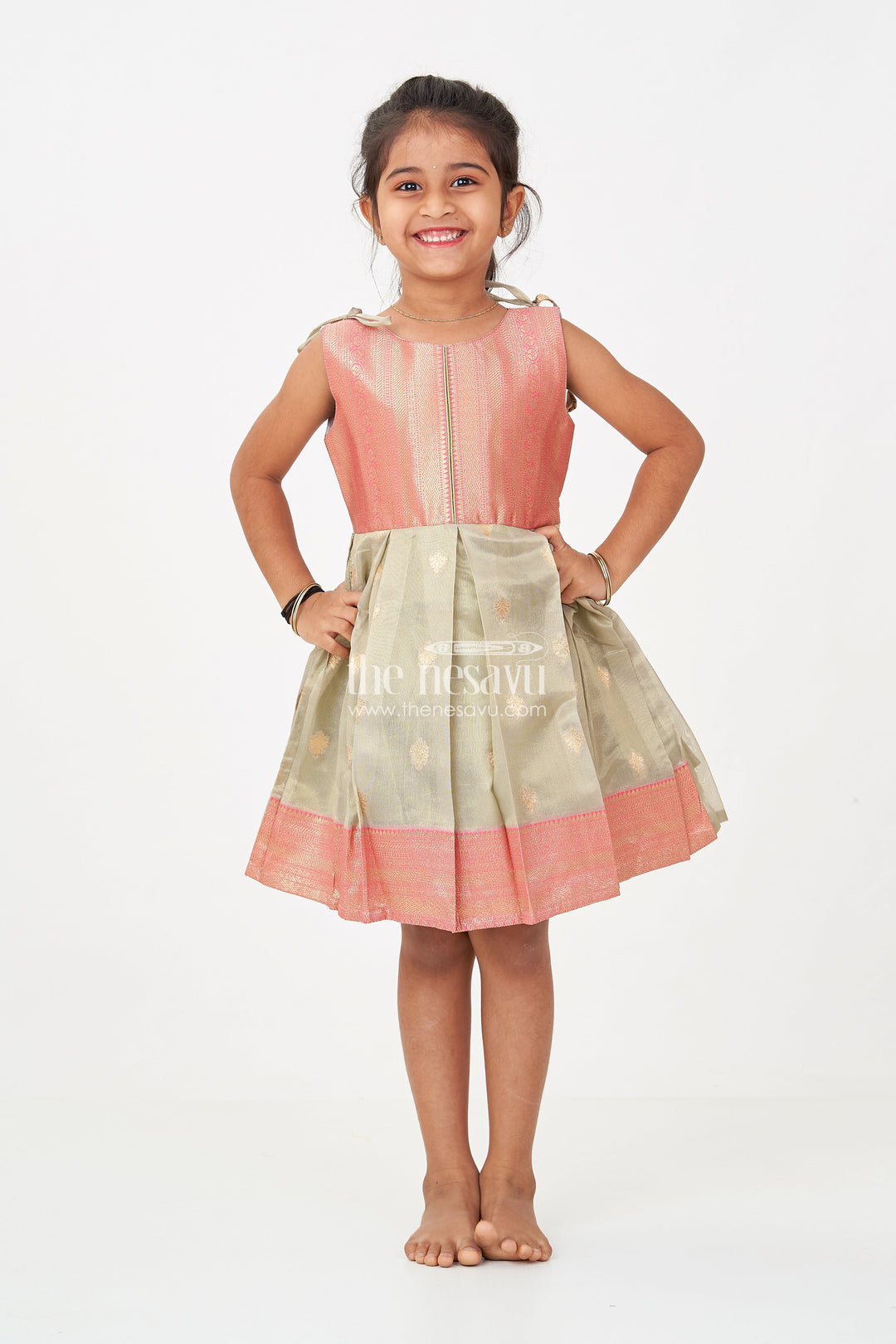 The Nesavu Silk Frock Ethnic Frock for Baby Girls in Banarasi Jacquard Gold Tissue Silk with Traditional Pleated Design Nesavu Nesavu Ethnic Frock for Baby Girls in Banarasi Jacquard Tissue Silk with Gold Zari Pleated Design