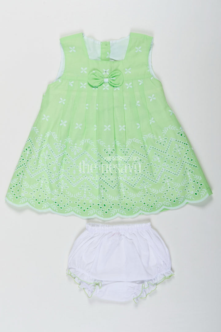 The Nesavu Baby Cotton Frocks Ethnic Frock for Baby Girls in Green Cotton Hakoba Embroidery with Classic White Bloomers Nesavu 12 (3M) / Green BFJ788C-12 Ethnic Frock Baby Girls Green Cotton Hakoba Embroidery White Bloomers | The Nesavu