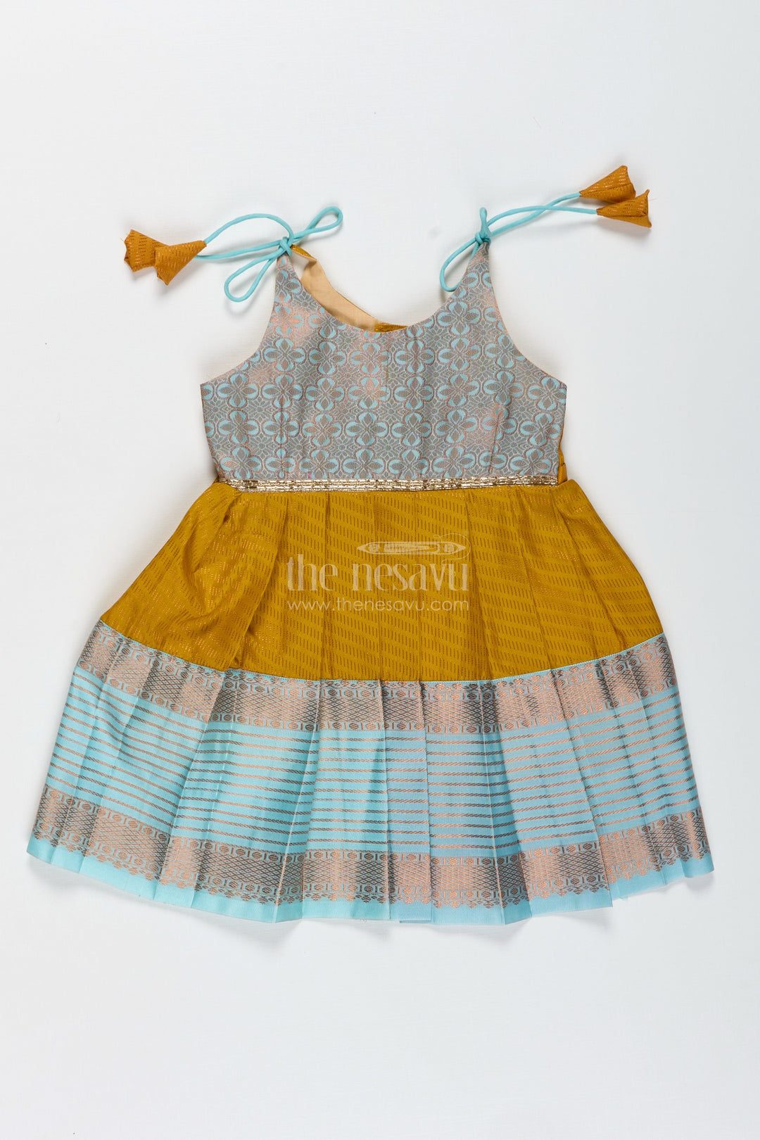 The Nesavu Tie-up Frock Ethnic Frock for Baby Girls in Mustard and Teal Perfect for Festivals and Photoshoots Nesavu 14 (6M) / Yellow / Style 1 SF995AA-14 Nesavu Mustard And Teal Baby Girl Frock Ethnic Semi Silk Dress For Festivals And Occasions