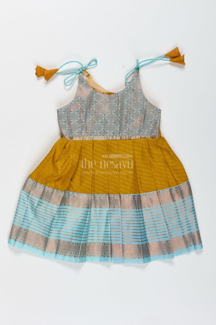 The Nesavu Tie-up Frock Ethnic Frock for Baby Girls in Mustard and Teal Perfect for Festivals and Photoshoots Nesavu 14 (6M) / Yellow / Style 1 SF995AA-14 Nesavu Mustard And Teal Baby Girl Frock Ethnic Semi Silk Dress For Festivals And Occasions