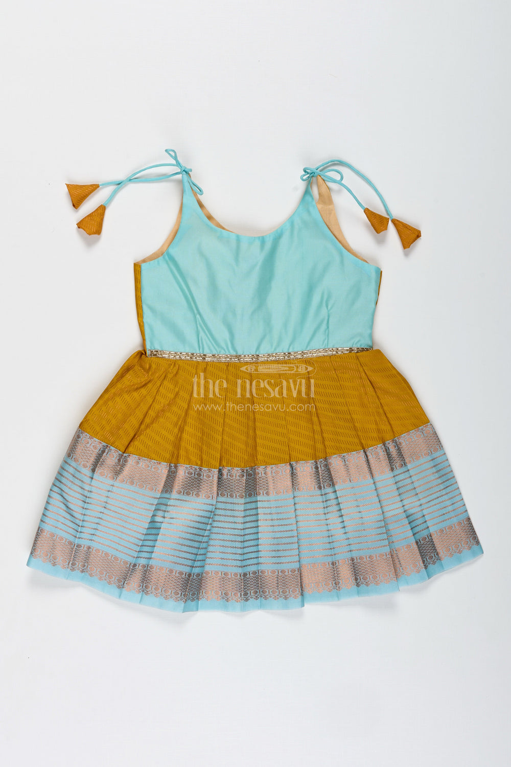The Nesavu Tie-up Frock Ethnic Frock for Baby Girls in Mustard and Teal Perfect for Festivals and Photoshoots Nesavu 14 (6M) / Yellow / Style 2 SF995AB-14 Nesavu Mustard And Teal Baby Girl Frock Ethnic Semi Silk Dress For Festivals And Occasions