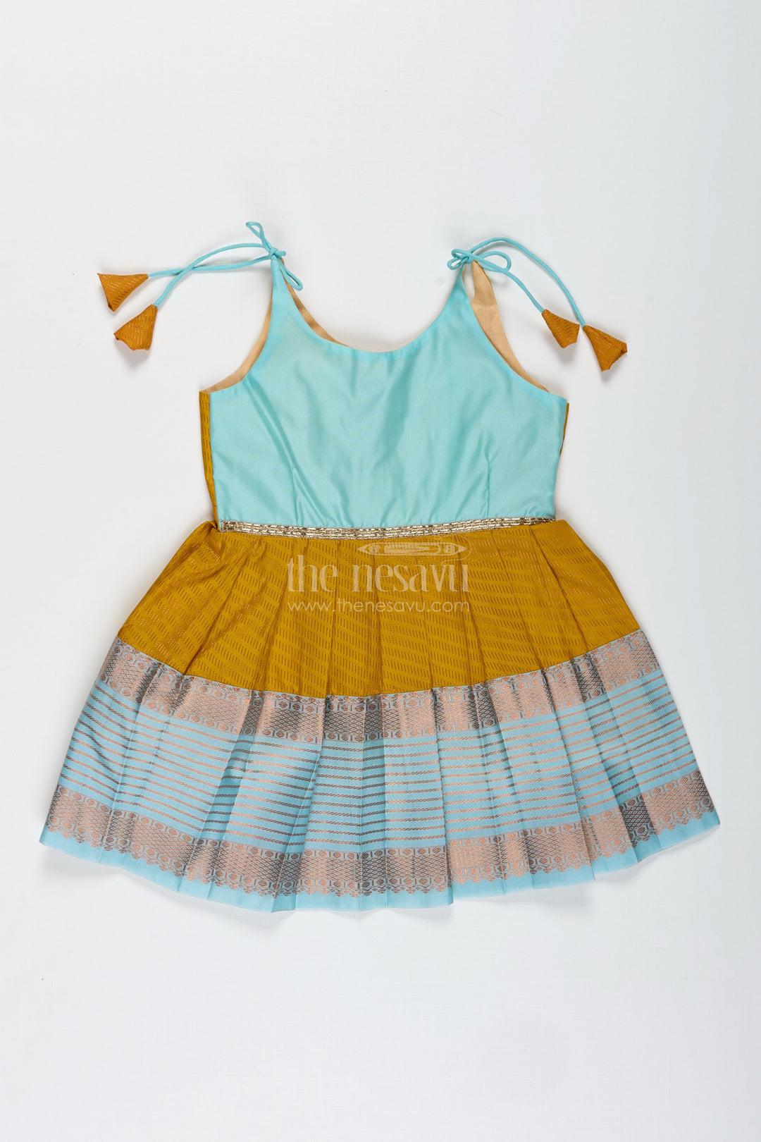 The Nesavu Tie-up Frock Ethnic Frock for Baby Girls in Mustard and Teal Perfect for Festivals and Photoshoots Nesavu 14 (6M) / Yellow / Style 2 SF995AB-14 Nesavu Mustard And Teal Baby Girl Frock Ethnic Semi Silk Dress For Festivals And Occasions