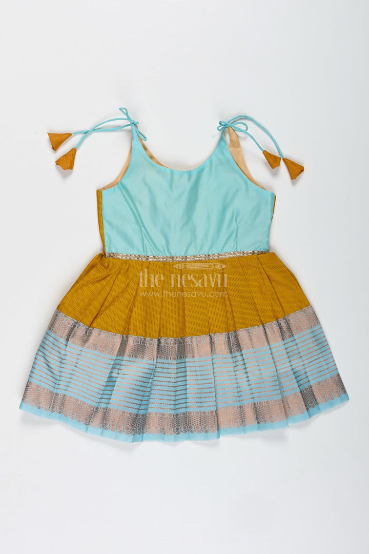 The Nesavu Tie-up Frock Ethnic Frock for Baby Girls in Mustard and Teal Perfect for Festivals and Photoshoots Nesavu 14 (6M) / Yellow / Style 2 SF995AB-14 Nesavu Mustard And Teal Baby Girl Frock Ethnic Semi Silk Dress For Festivals And Occasions