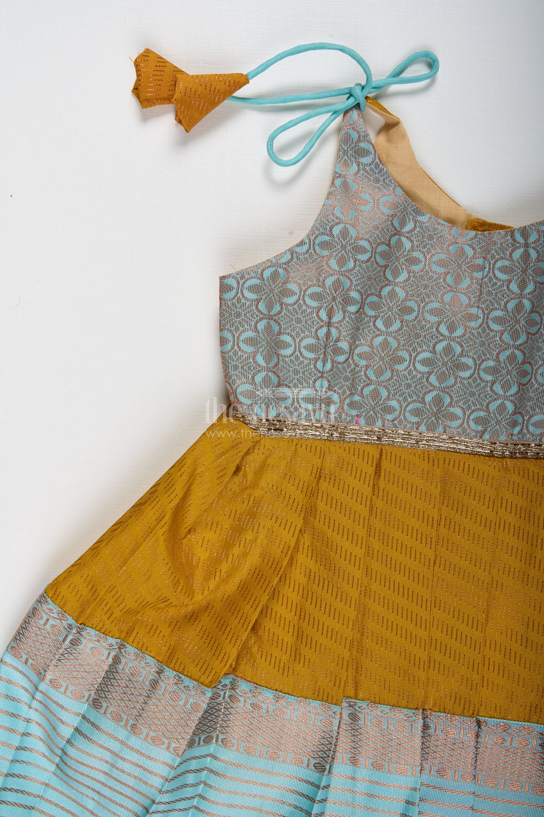 The Nesavu Tie-up Frock Ethnic Frock for Baby Girls in Mustard and Teal Perfect for Festivals and Photoshoots Nesavu Nesavu Mustard And Teal Baby Girl Frock Ethnic Semi Silk Dress For Festivals And Occasions