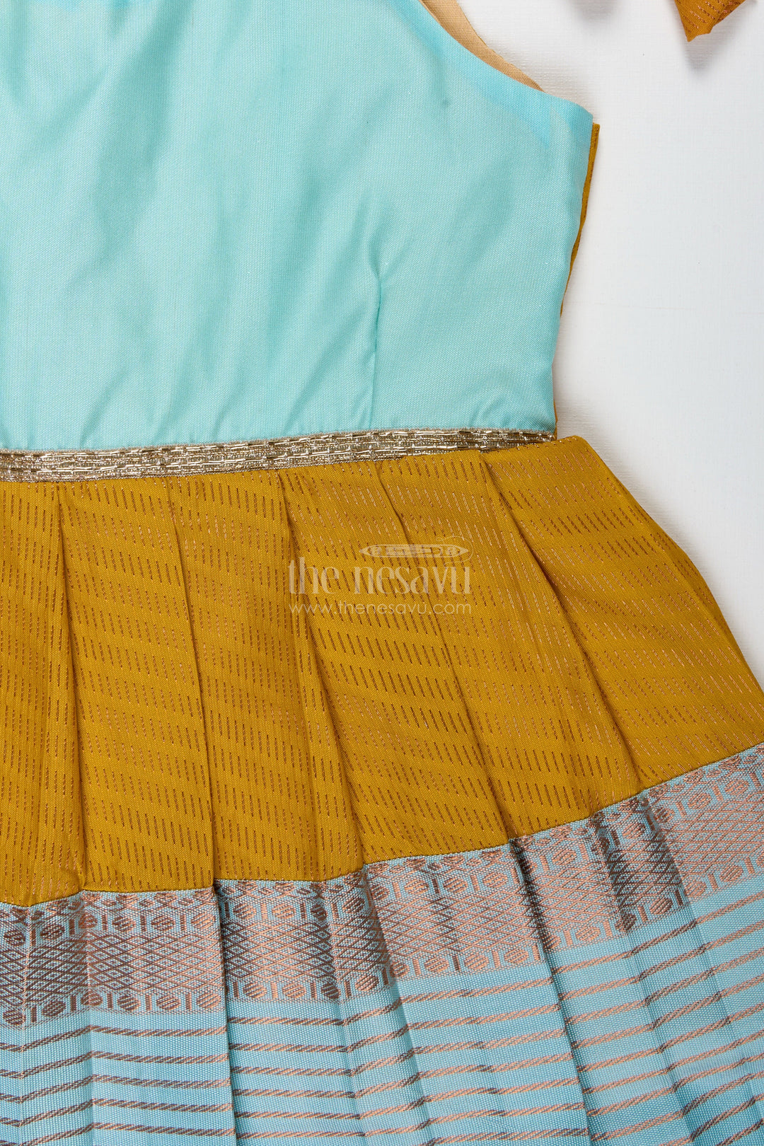 The Nesavu Tie-up Frock Ethnic Frock for Baby Girls in Mustard and Teal Perfect for Festivals and Photoshoots Nesavu Nesavu Mustard And Teal Baby Girl Frock Ethnic Semi Silk Dress For Festivals And Occasions