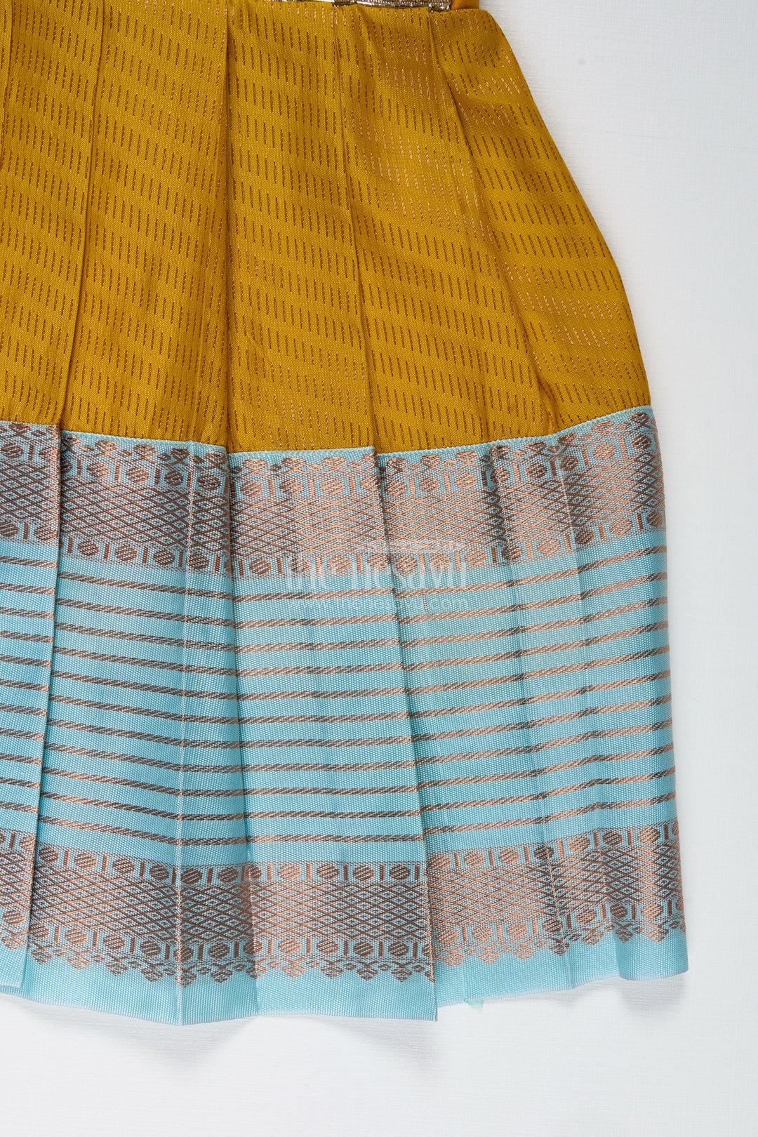The Nesavu Tie-up Frock Ethnic Frock for Baby Girls in Mustard and Teal Perfect for Festivals and Photoshoots Nesavu Nesavu Mustard And Teal Baby Girl Frock Ethnic Semi Silk Dress For Festivals And Occasions