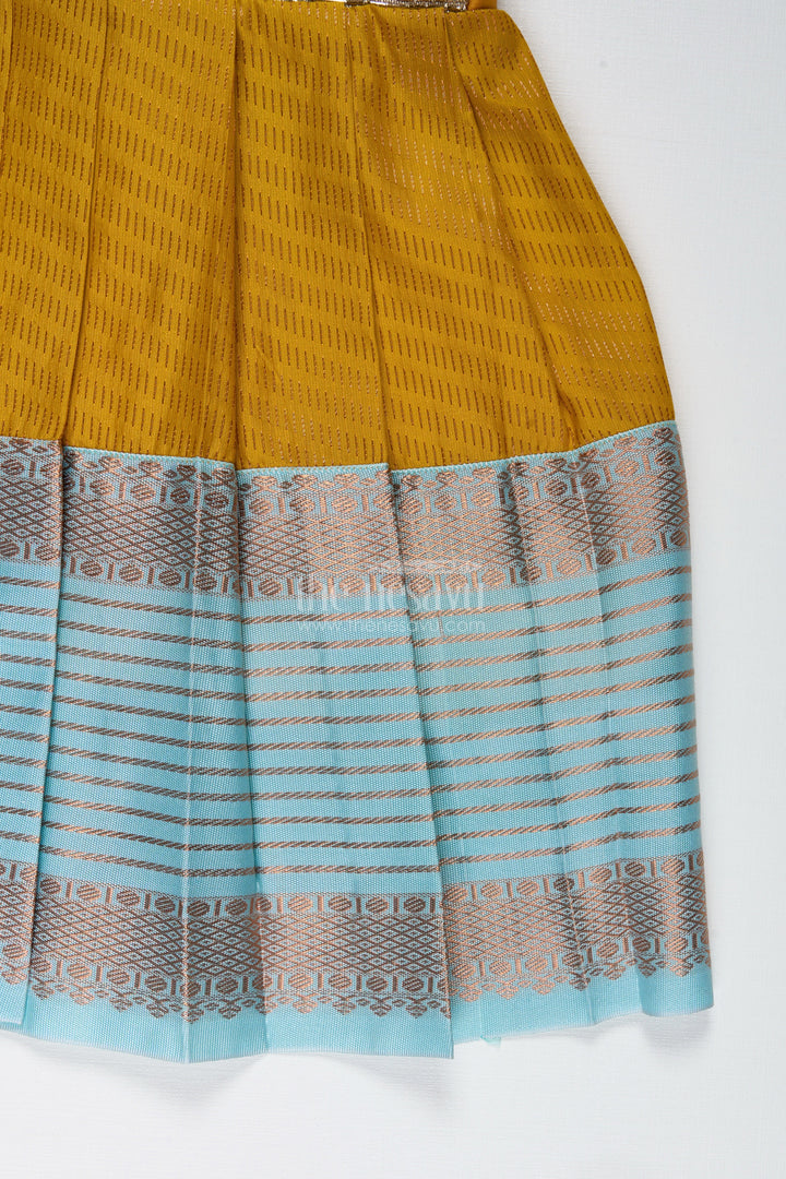 The Nesavu Tie-up Frock Ethnic Frock for Baby Girls in Mustard and Teal Perfect for Festivals and Photoshoots Nesavu Nesavu Mustard And Teal Baby Girl Frock Ethnic Semi Silk Dress For Festivals And Occasions