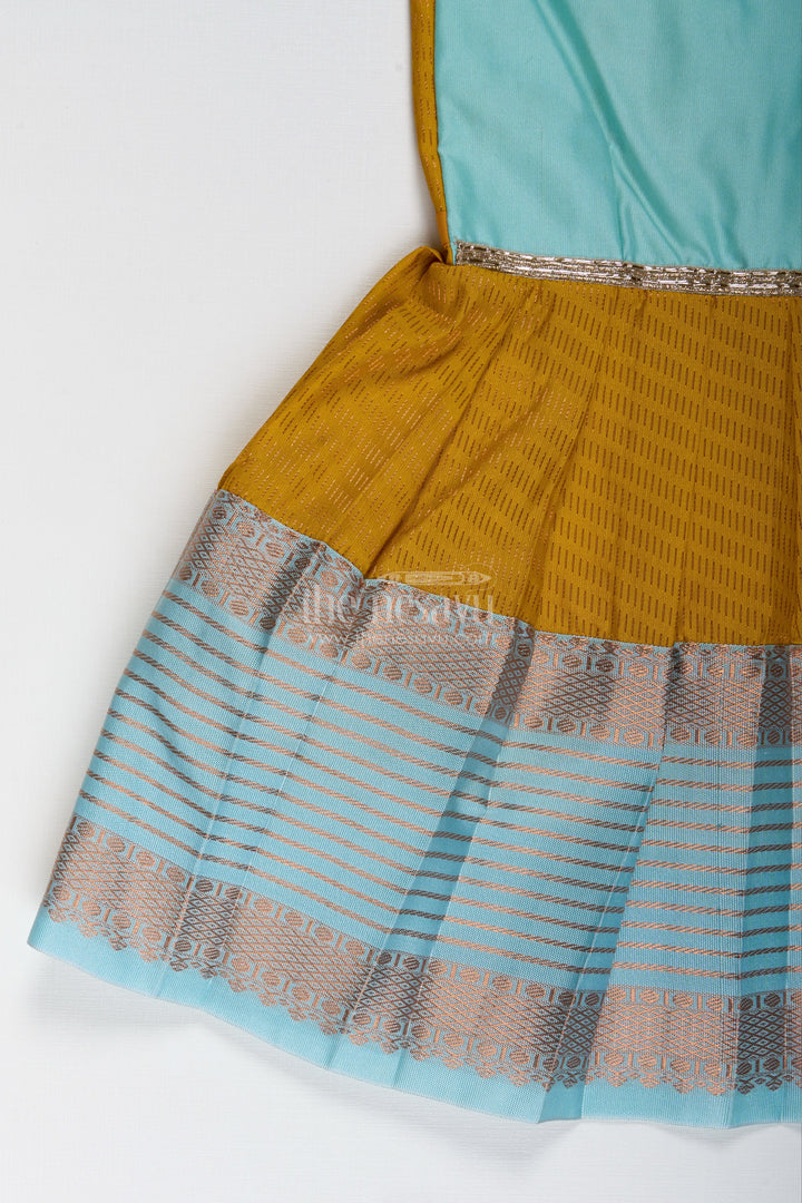 The Nesavu Tie-up Frock Ethnic Frock for Baby Girls in Mustard and Teal Perfect for Festivals and Photoshoots Nesavu Nesavu Mustard And Teal Baby Girl Frock Ethnic Semi Silk Dress For Festivals And Occasions