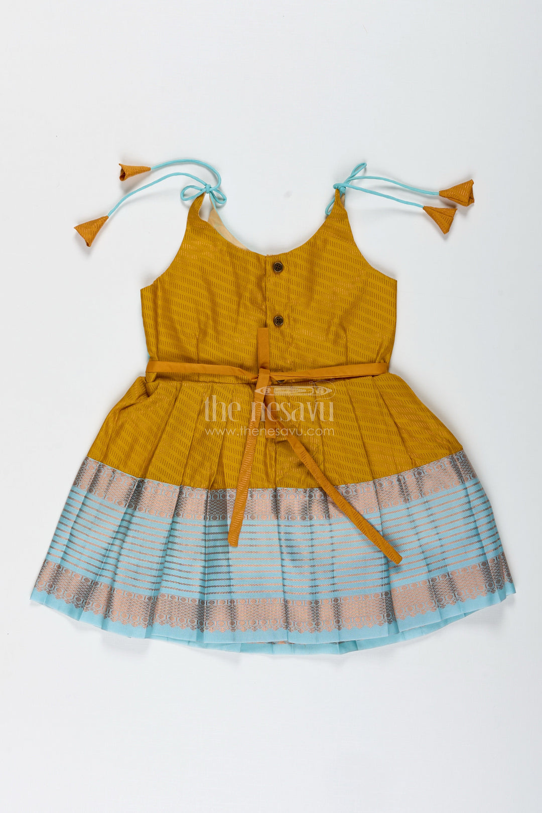The Nesavu Tie-up Frock Ethnic Frock for Baby Girls in Mustard and Teal Perfect for Festivals and Photoshoots Nesavu Nesavu Mustard And Teal Baby Girl Frock Ethnic Semi Silk Dress For Festivals And Occasions