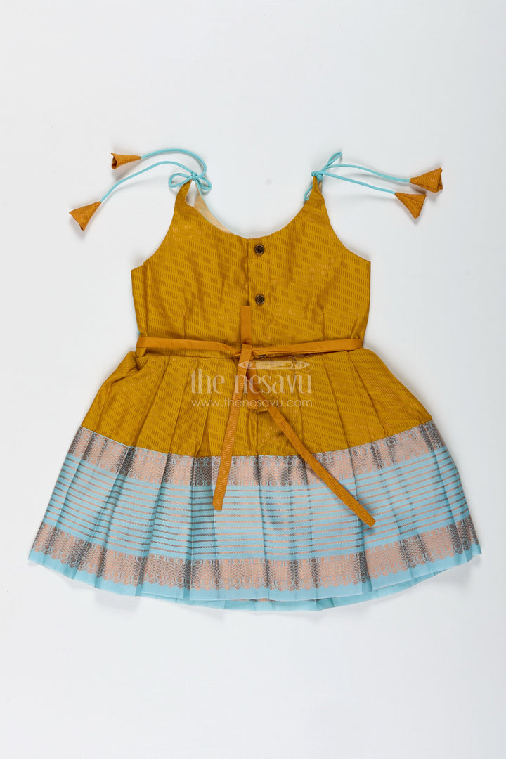 The Nesavu Tie-up Frock Ethnic Frock for Baby Girls in Mustard and Teal Perfect for Festivals and Photoshoots Nesavu Nesavu Mustard And Teal Baby Girl Frock Ethnic Semi Silk Dress For Festivals And Occasions