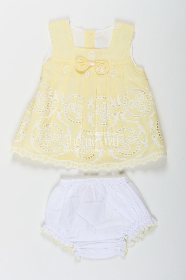 The Nesavu Baby Cotton Frocks Ethnic Frock Suit for Baby Girls in Lemon Yellow Cotton with White Hakoba Embroidery Nesavu 10 (NB) / Yellow BFJ790B-10 Ethnic Frock Suit Baby Girls Yellow Cotton White Hakoba Embroidery | The Nesavu