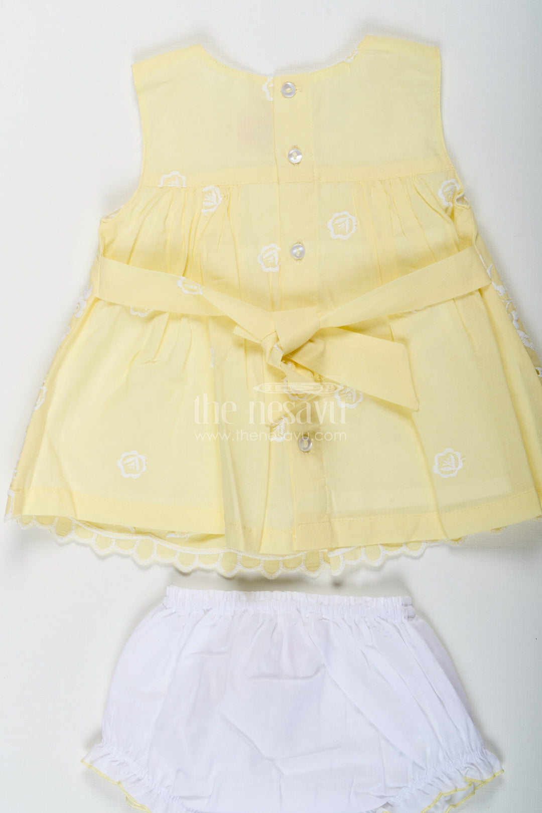 The Nesavu Baby Cotton Frocks Ethnic Frock Suit for Baby Girls in Lemon Yellow Cotton with White Hakoba Embroidery Nesavu Ethnic Frock Suit Baby Girls Yellow Cotton White Hakoba Embroidery | The Nesavu