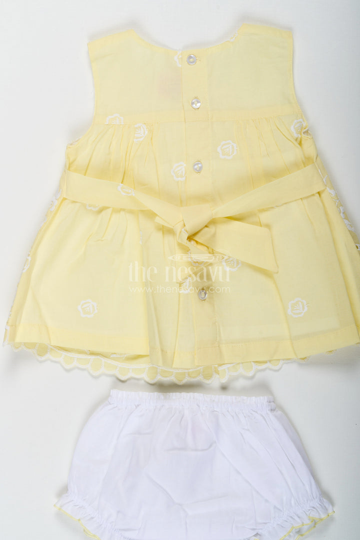 The Nesavu Baby Cotton Frocks Ethnic Frock Suit for Baby Girls in Lemon Yellow Cotton with White Hakoba Embroidery Nesavu Ethnic Frock Suit Baby Girls Yellow Cotton White Hakoba Embroidery | The Nesavu