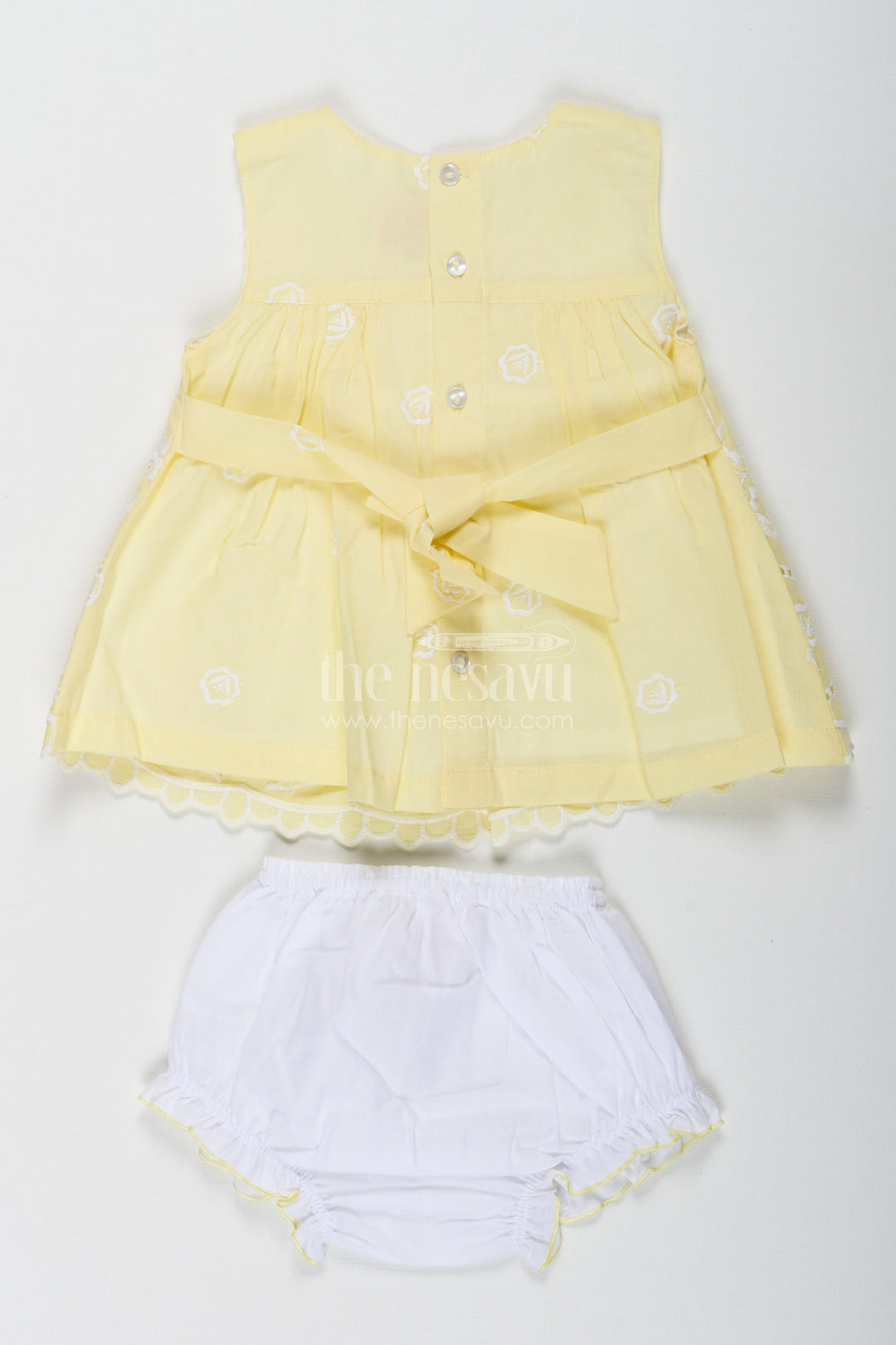 The Nesavu Baby Cotton Frocks Ethnic Frock Suit for Baby Girls in Lemon Yellow Cotton with White Hakoba Embroidery Nesavu Ethnic Frock Suit Baby Girls Yellow Cotton White Hakoba Embroidery | The Nesavu
