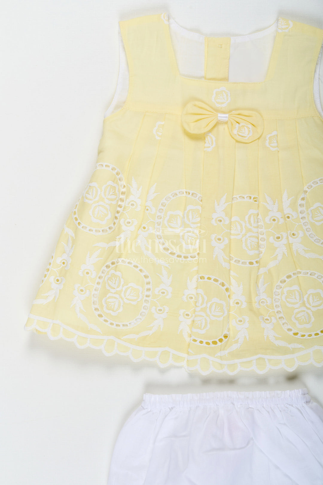 The Nesavu Baby Cotton Frocks Ethnic Frock Suit for Baby Girls in Lemon Yellow Cotton with White Hakoba Embroidery Nesavu Ethnic Frock Suit Baby Girls Yellow Cotton White Hakoba Embroidery | The Nesavu
